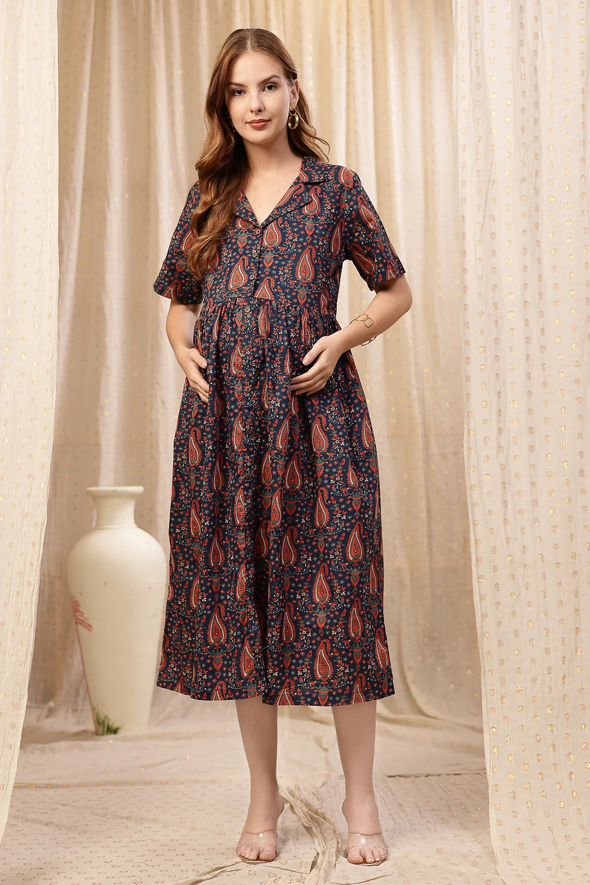 Deep Navy Zipless Maternity Lapel Dress with Pockets - Image 4