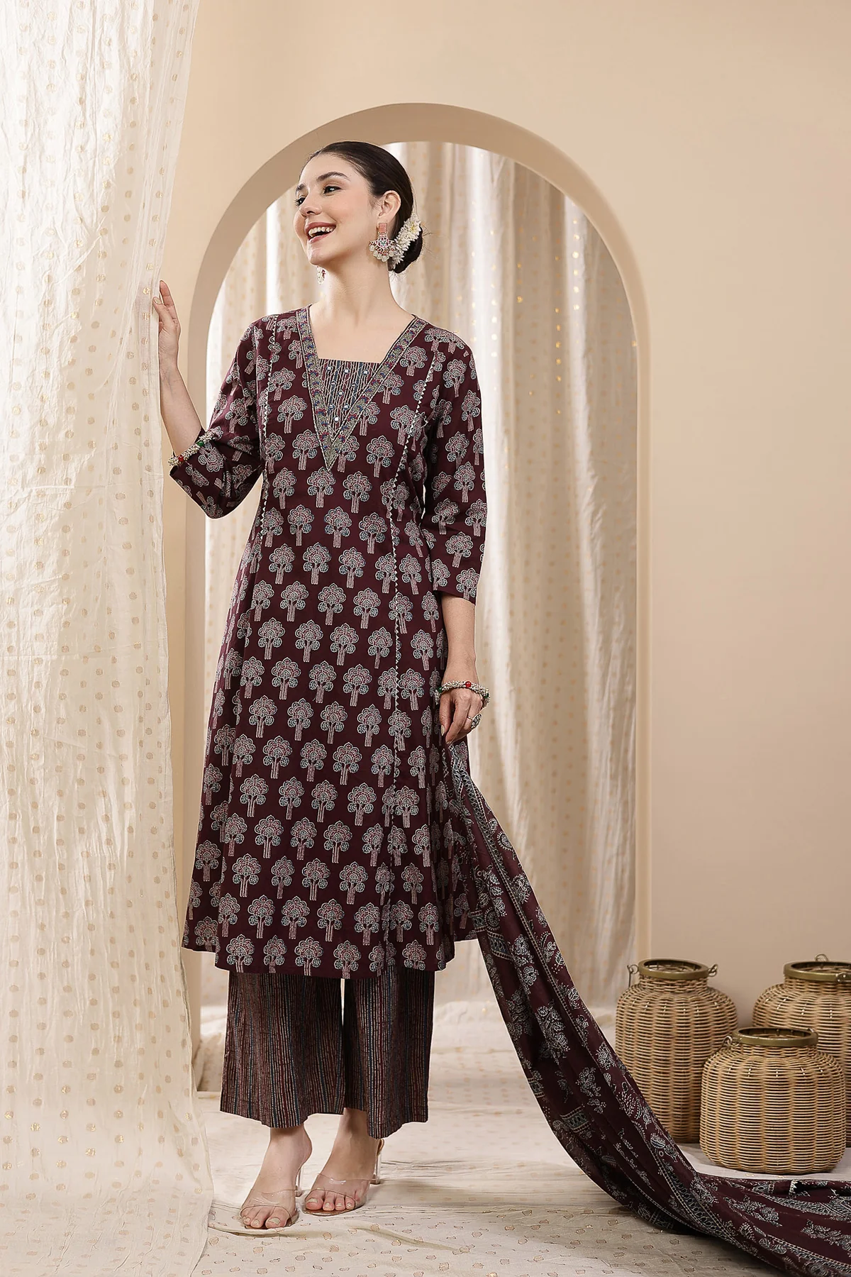 Deep Purple 100% Cotton Concealed Zip Feeding Maternity Kurta Set with Dupatta - Image 10