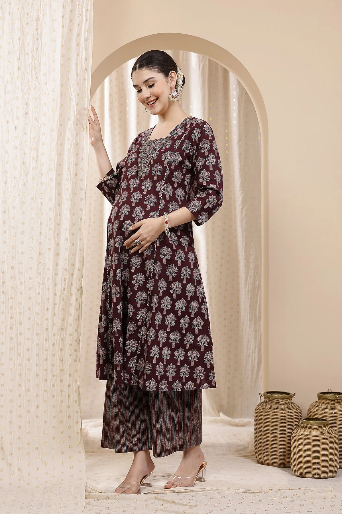 Deep Purple 100% Cotton Concealed Zip Feeding Maternity Kurta Set with Dupatta - Image 13