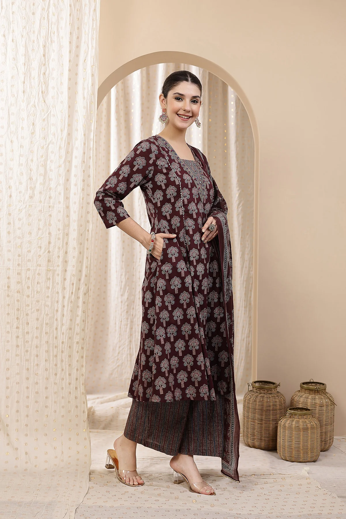 Deep Purple 100% Cotton Concealed Zip Feeding Maternity Kurta Set with Dupatta - Image 6
