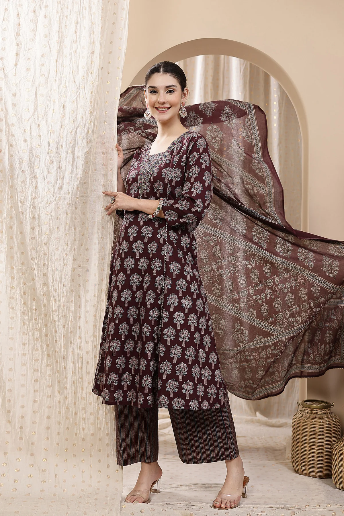 Deep Purple 100% Cotton Concealed Zip Feeding Maternity Kurta Set with Dupatta - Image 9