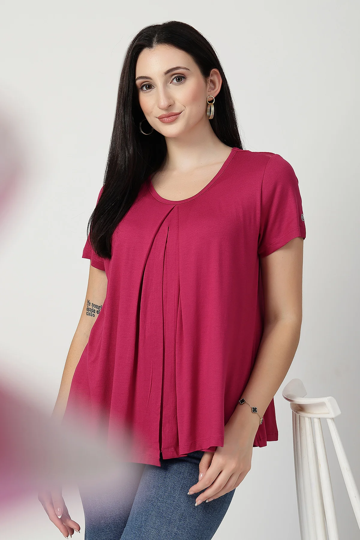 Deep Rose Front & Back Pleated Zipless Nursing Top - Image 10