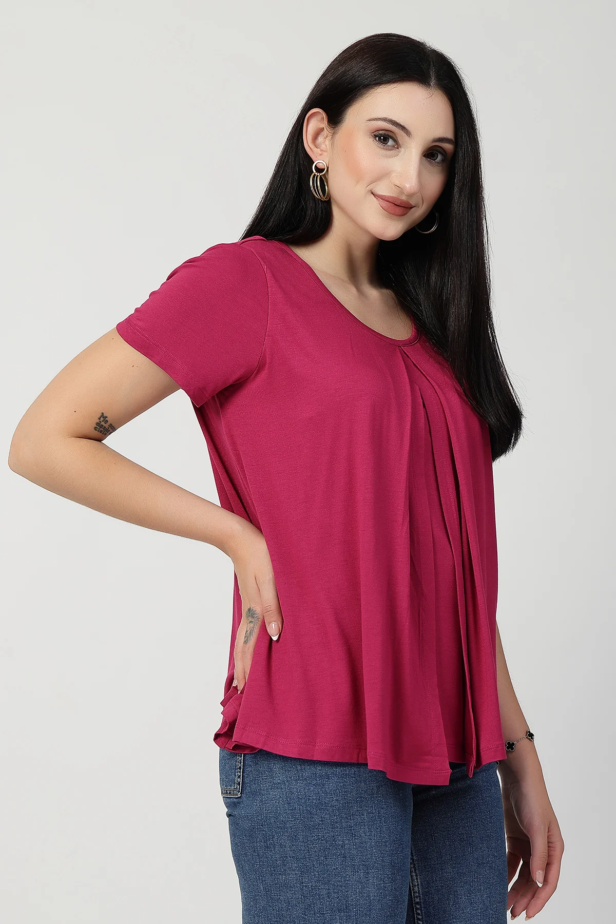 Deep Rose Front & Back Pleated Zipless Nursing Top - Image 6