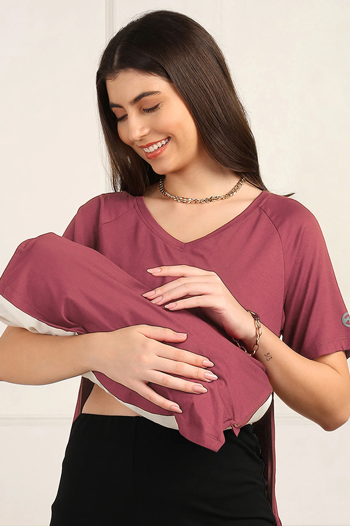 Deep Rose Solid Nursing Top with Side Zip Access - Image 2