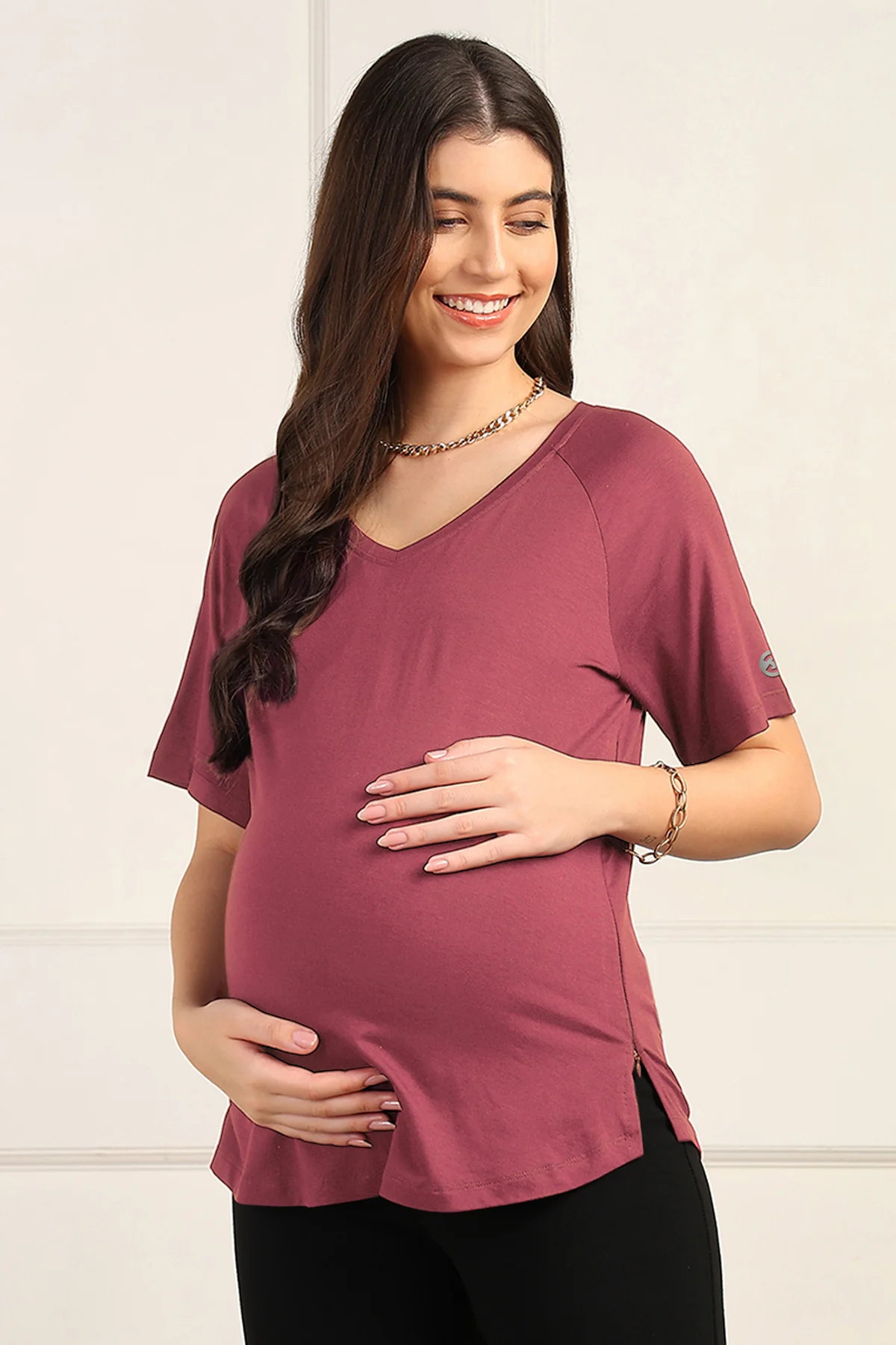 Deep Rose Solid Nursing Top with Side Zip Access - Image 4