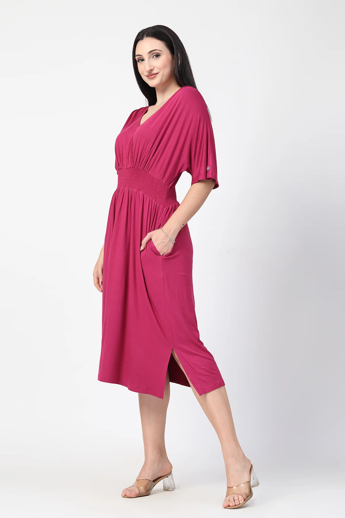Deep Rose Solid Smocked Waist Zipless Feeding Dress - Image 10
