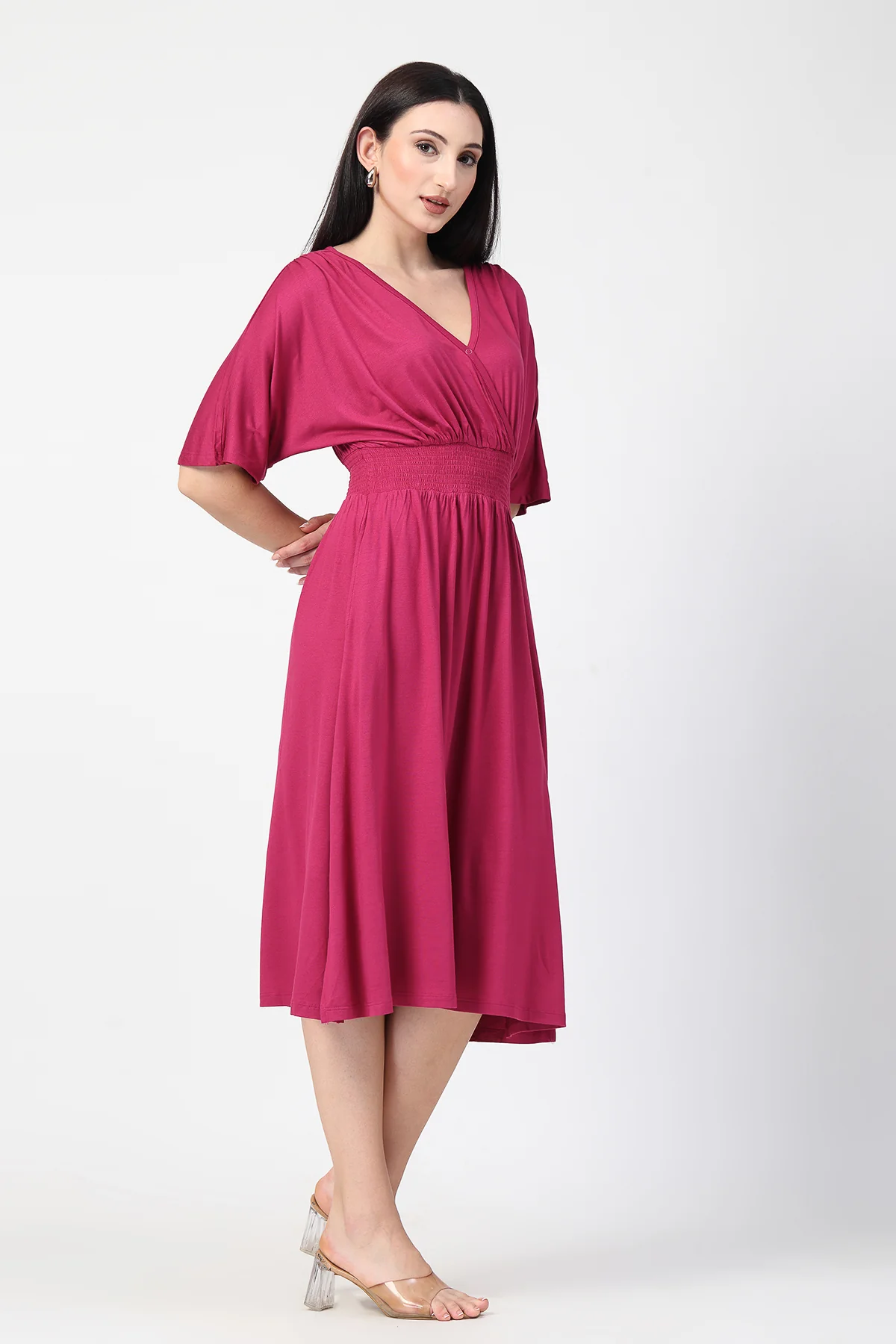 Deep Rose Solid Smocked Waist Zipless Feeding Dress - Image 11
