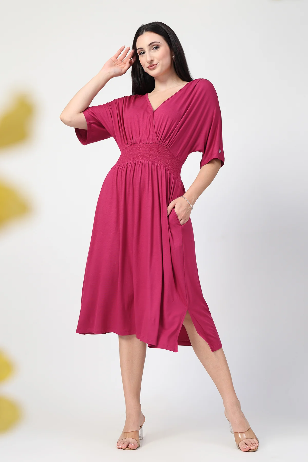 Deep Rose Solid Smocked Waist Zipless Feeding Dress - Image 12