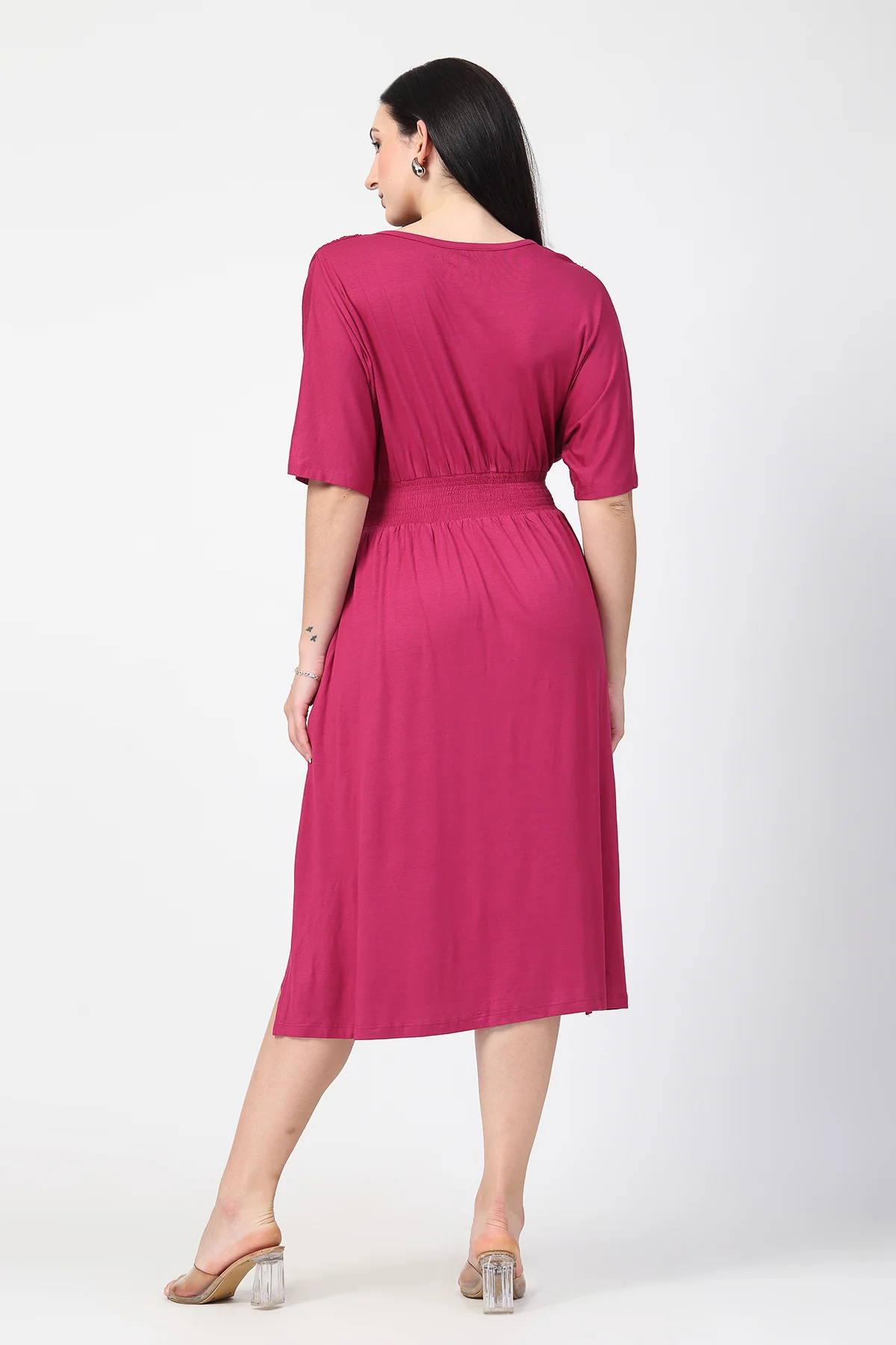 Deep Rose Solid Smocked Waist Zipless Feeding Dress - Image 3