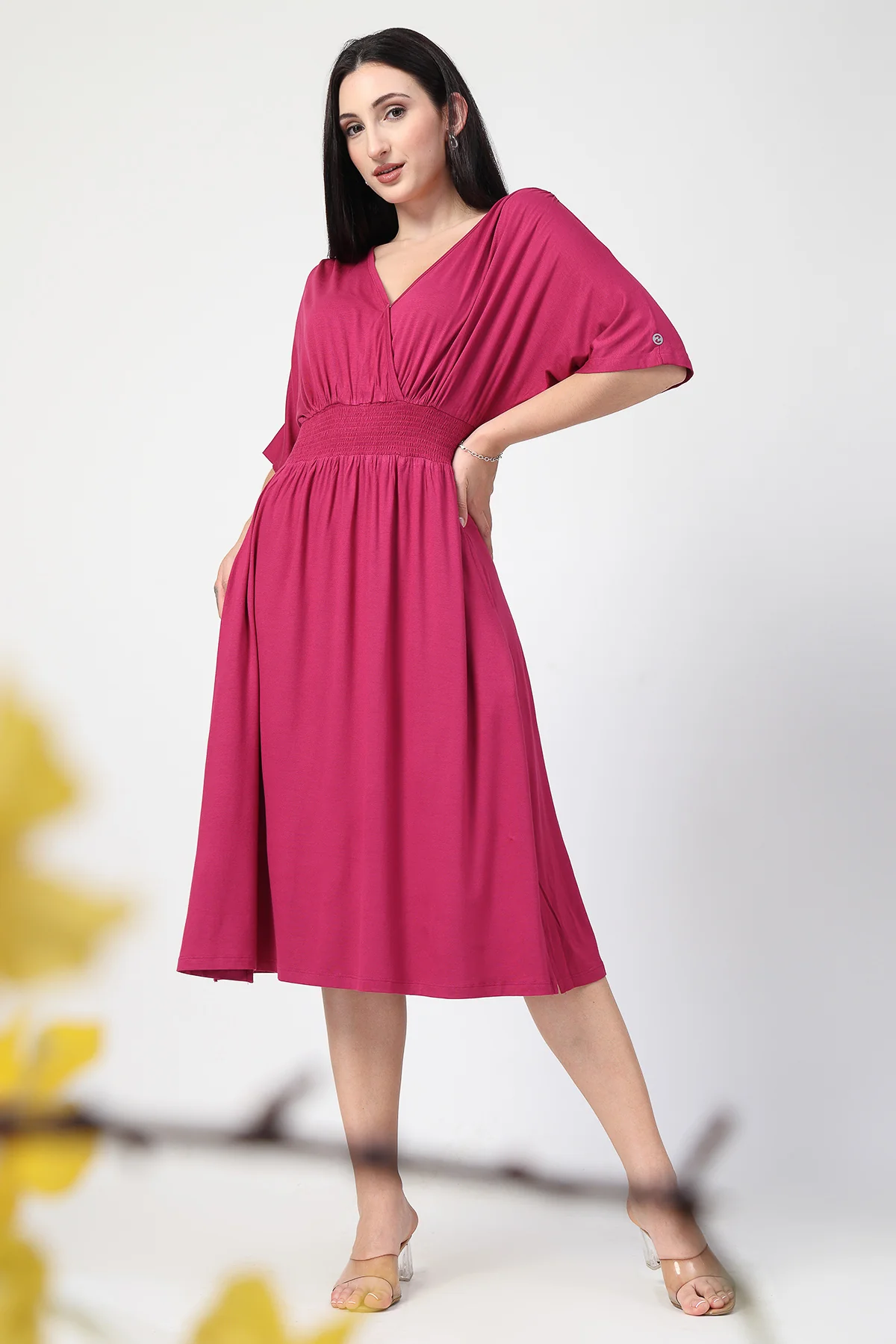 Deep Rose Solid Smocked Waist Zipless Feeding Dress - Image 4
