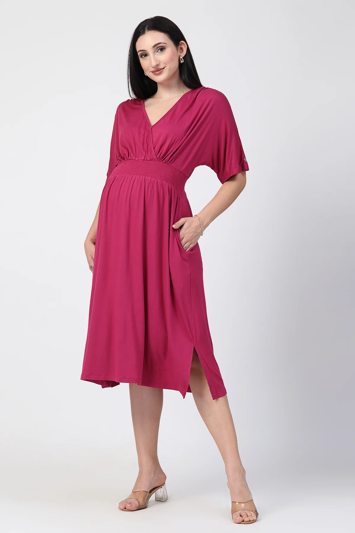 Deep Rose Solid Smocked Waist Zipless Feeding Dress - Image 5