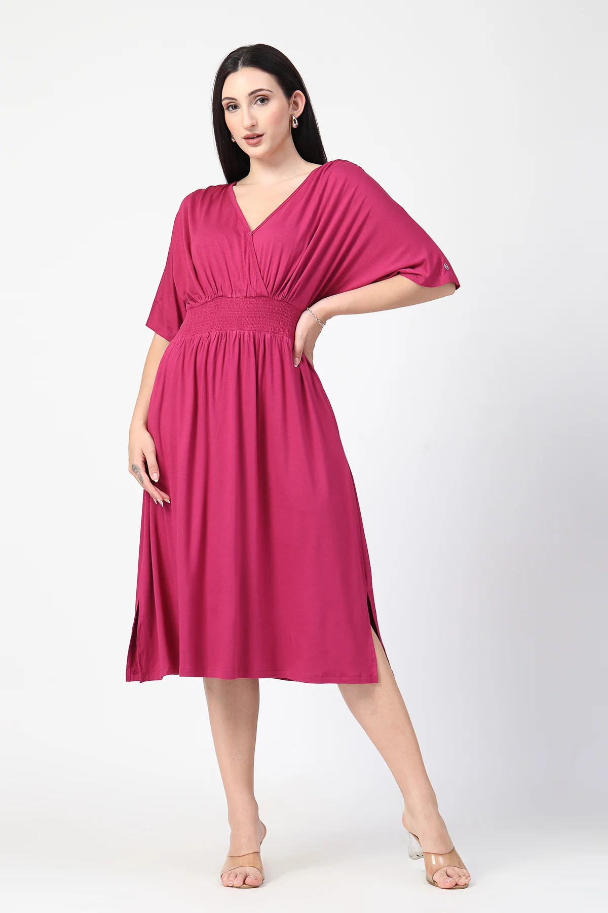 Deep Rose Solid Smocked Waist Zipless Feeding Dress - Image 6