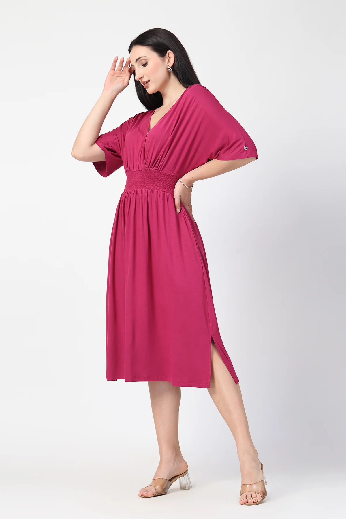 Deep Rose Solid Smocked Waist Zipless Feeding Dress - Image 8