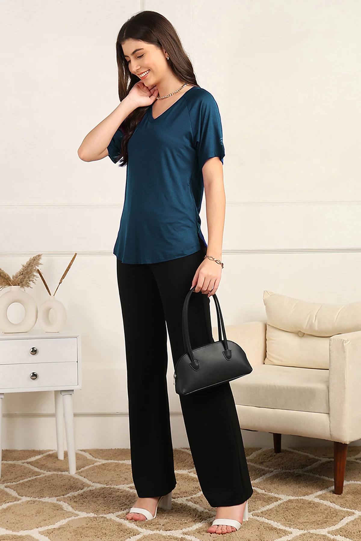Deep Teal Solid Nursing Top with Side Zip Access - Image 7