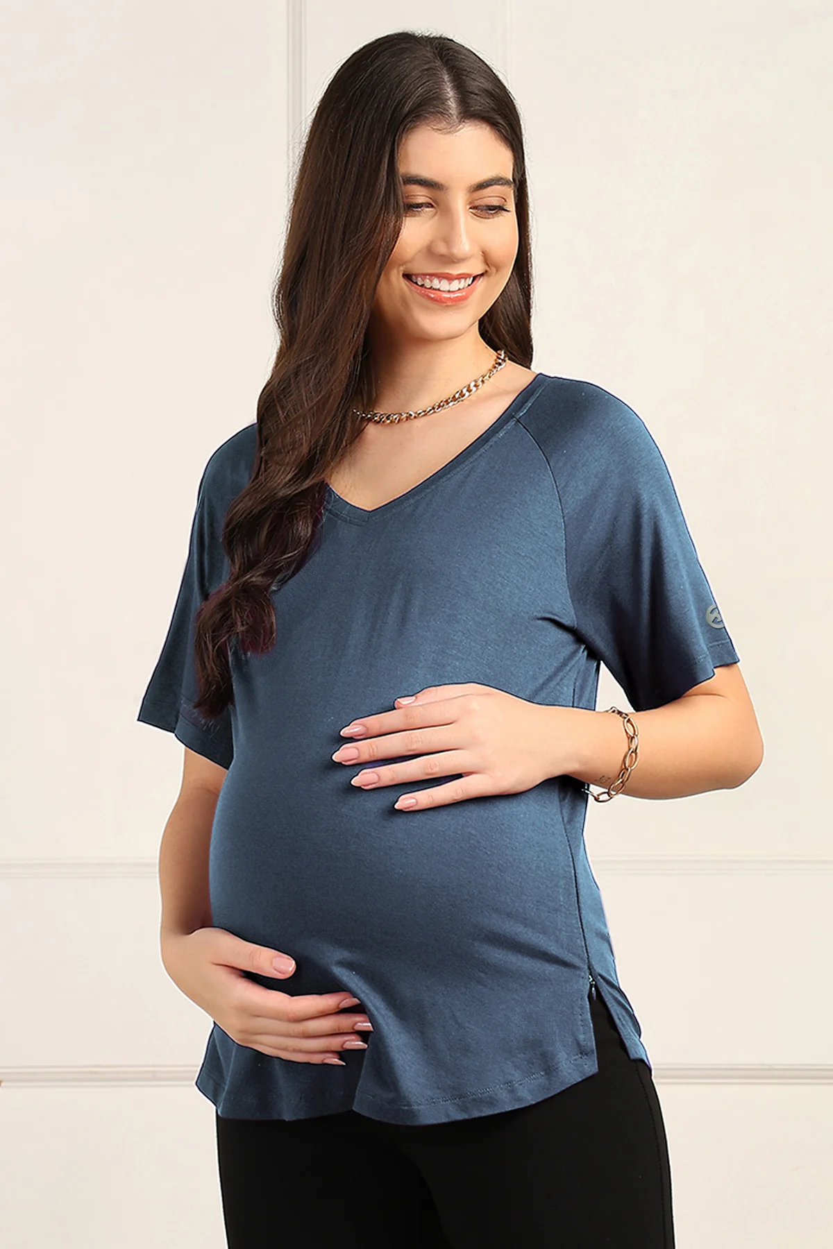 Denim Blue Maternity Nursing Top & Shorts Set - Image 8