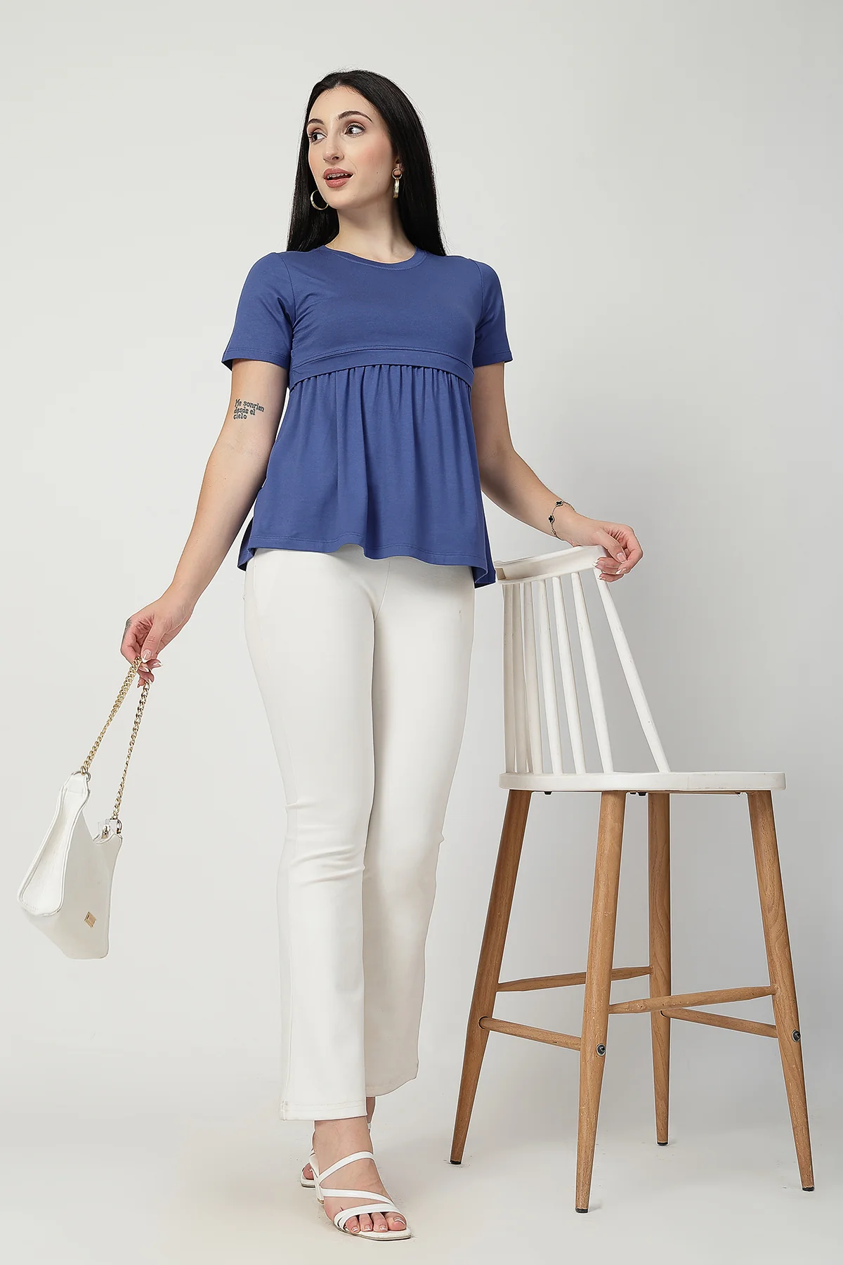 Denim Blue Maternity Zipless Feeding Gathered Top - Image 10