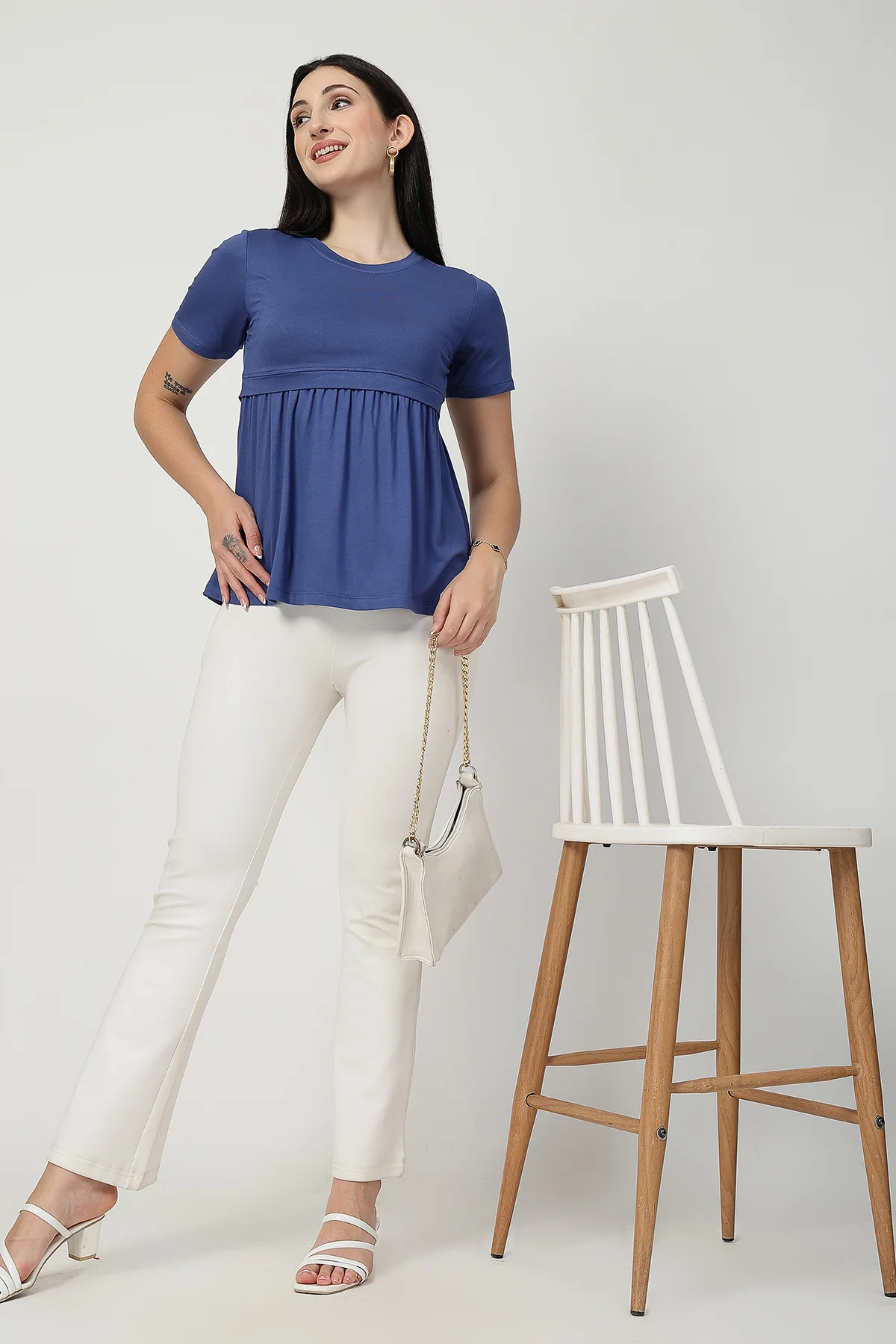 Denim Blue Maternity Zipless Feeding Gathered Top - Image 11