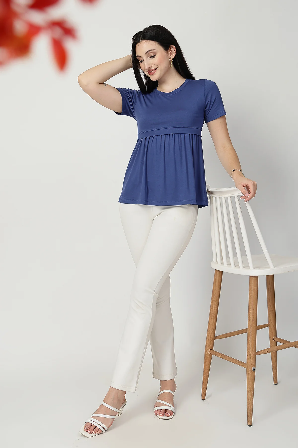 Denim Blue Maternity Zipless Feeding Gathered Top - Image 12