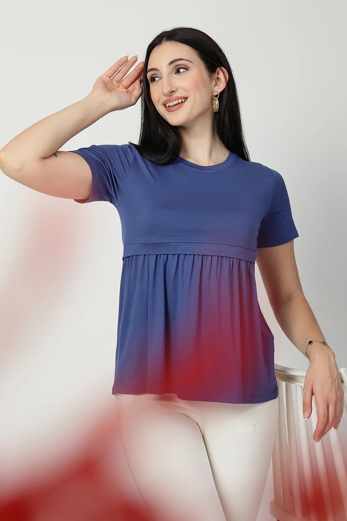 Denim Blue Maternity Zipless Feeding Gathered Top - Image 13