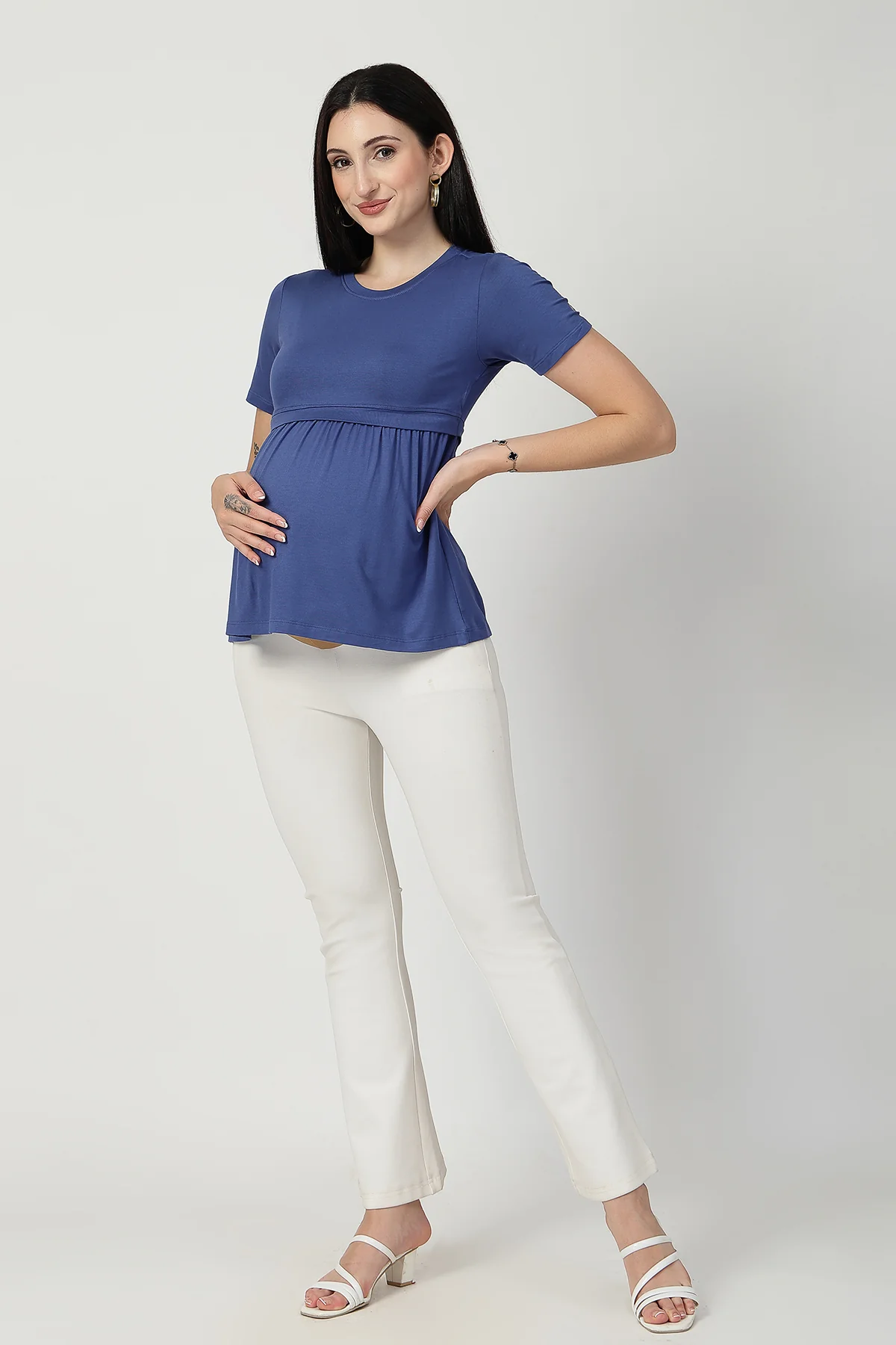 Denim Blue Maternity Zipless Feeding Gathered Top - Image 14