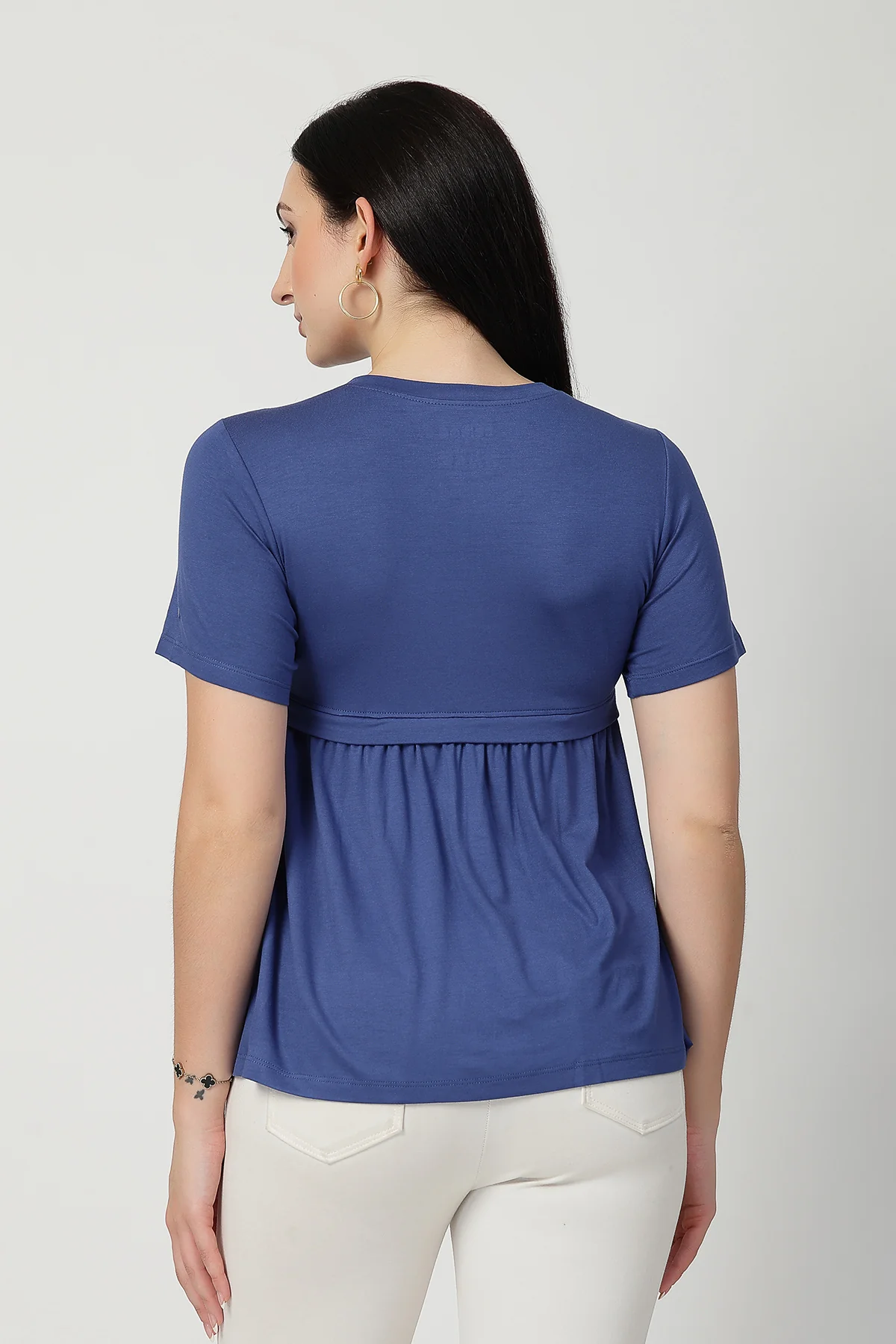 Denim Blue Maternity Zipless Feeding Gathered Top - Image 3