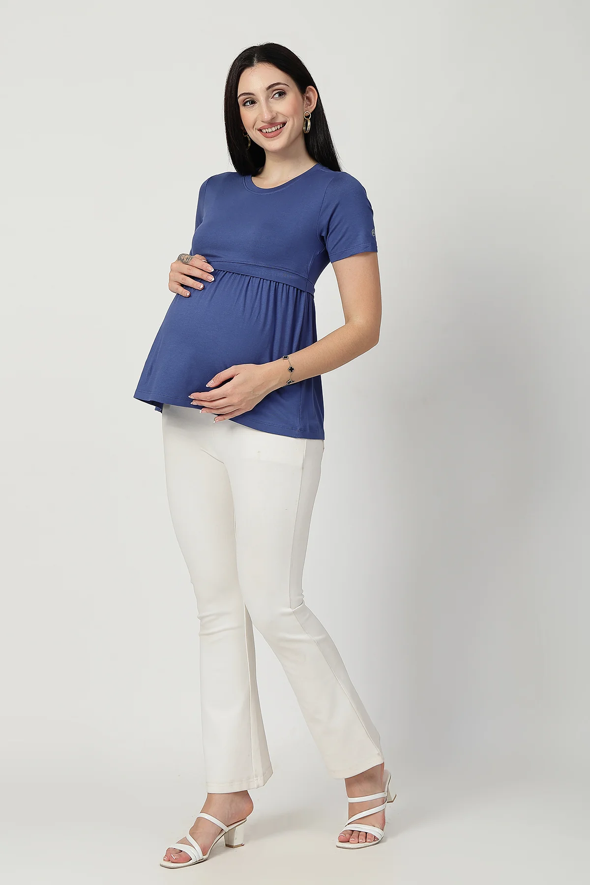 Denim Blue Maternity Zipless Feeding Gathered Top - Image 4