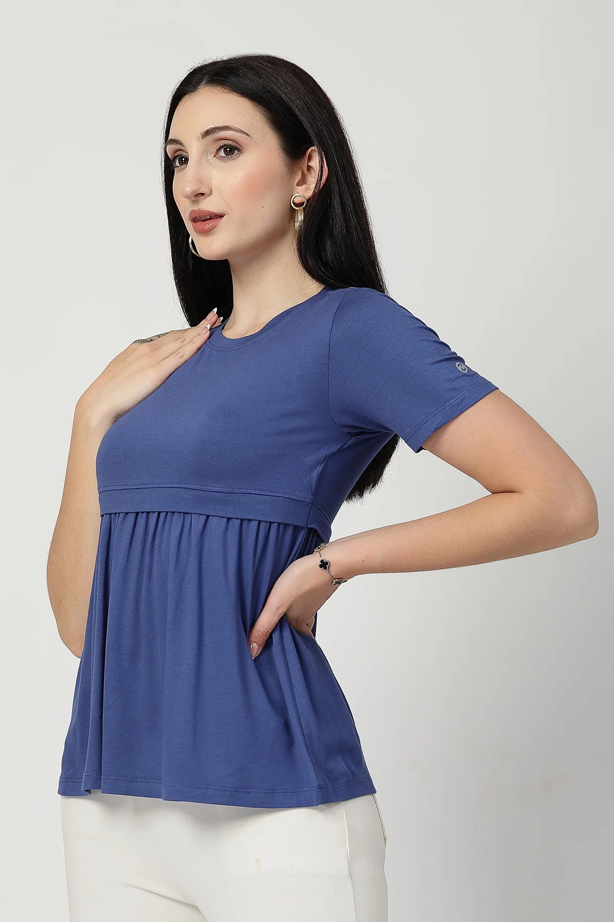 Denim Blue Maternity Zipless Feeding Gathered Top - Image 5