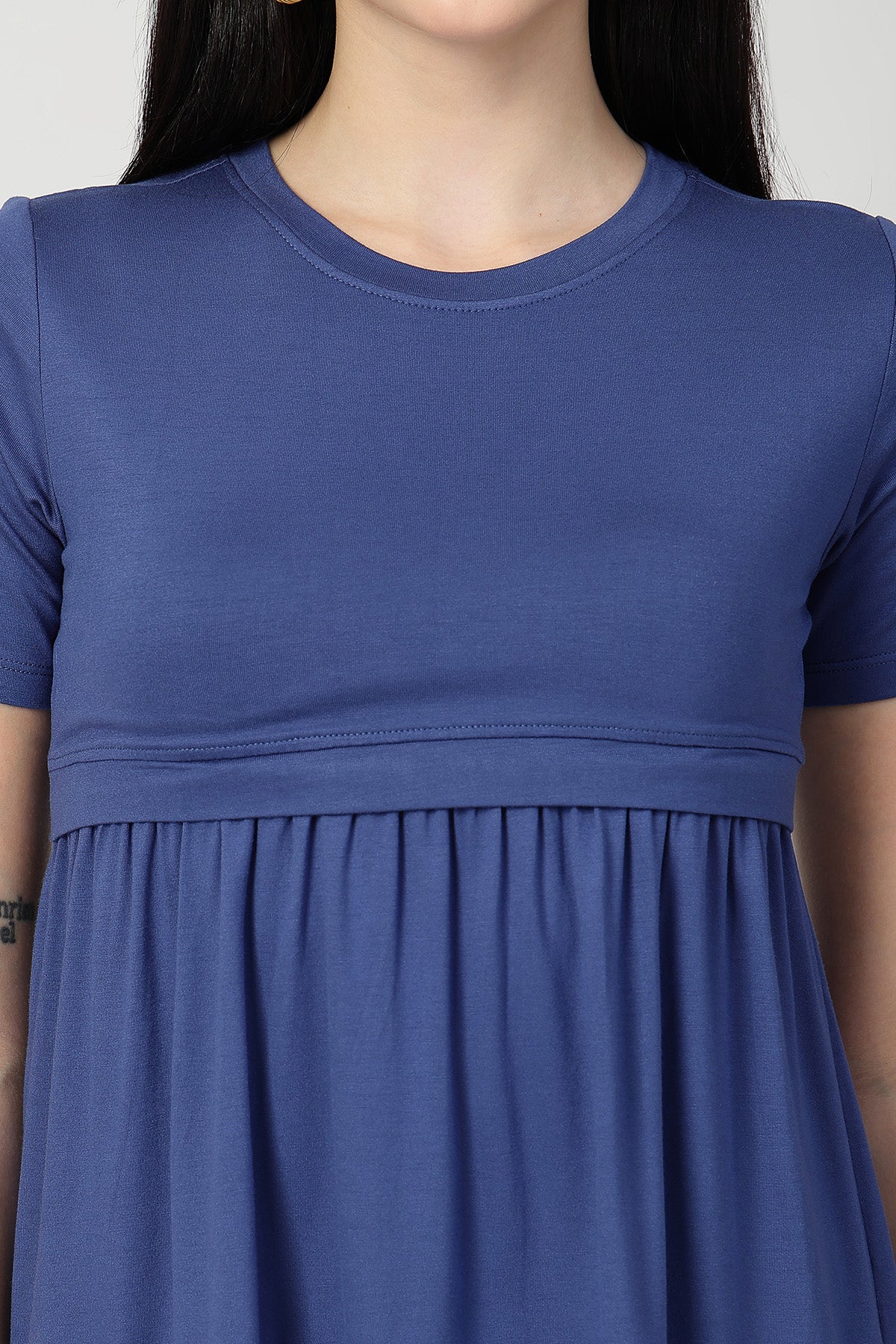 Denim Blue Maternity Zipless Feeding Gathered Top - Image 6