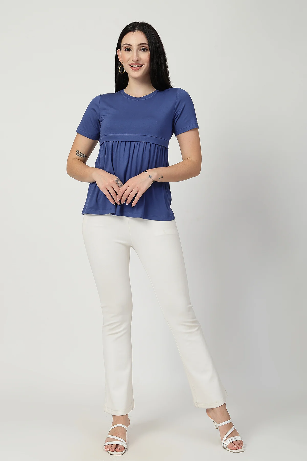 Denim Blue Maternity Zipless Feeding Gathered Top - Image 8