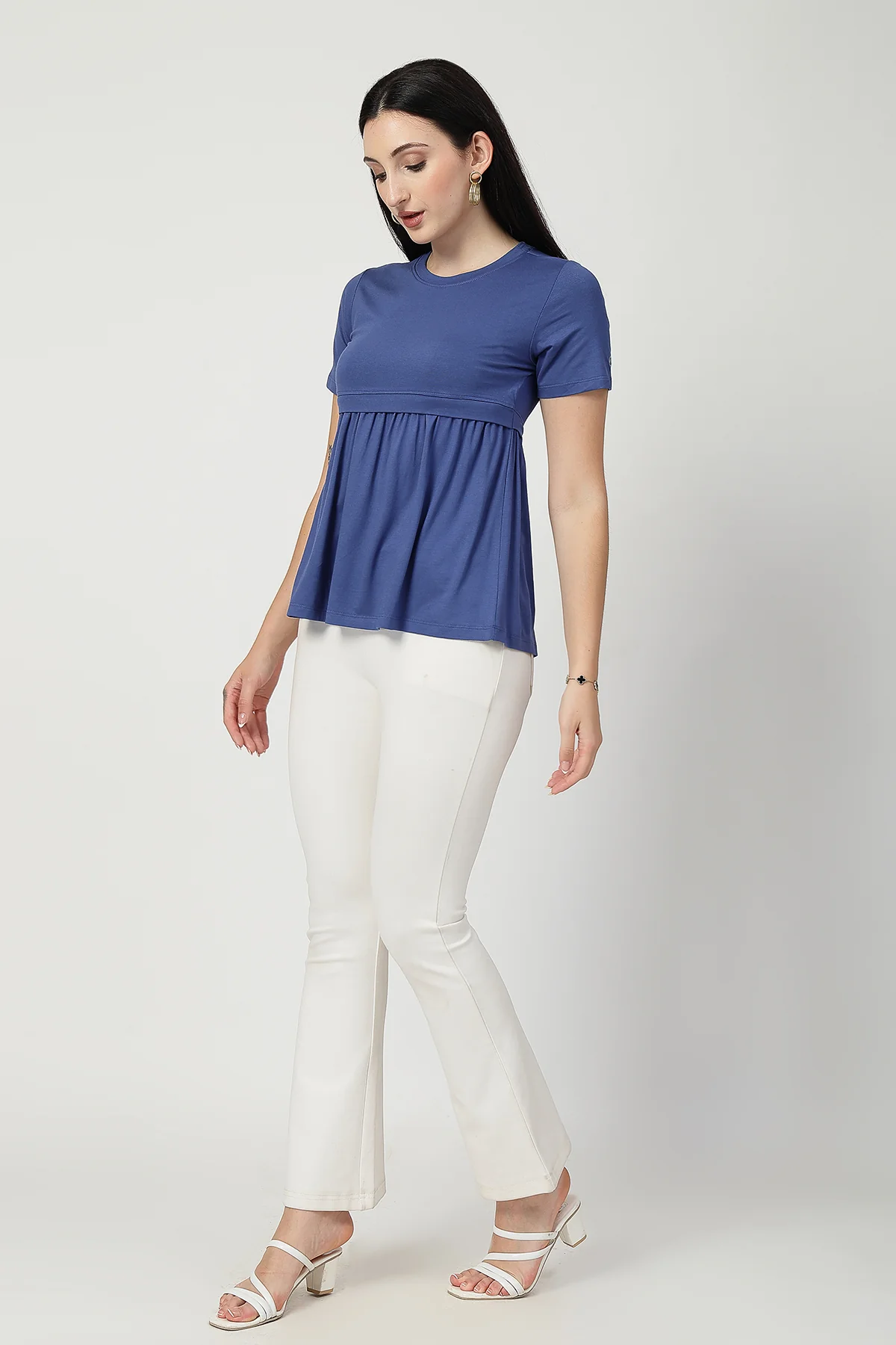 Denim Blue Maternity Zipless Feeding Gathered Top - Image 9