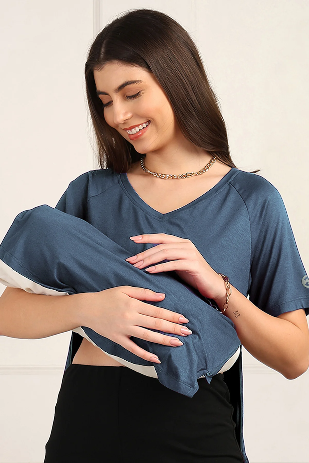 Denim Blue Solid Nursing Top with Side Zip Access - Image 3