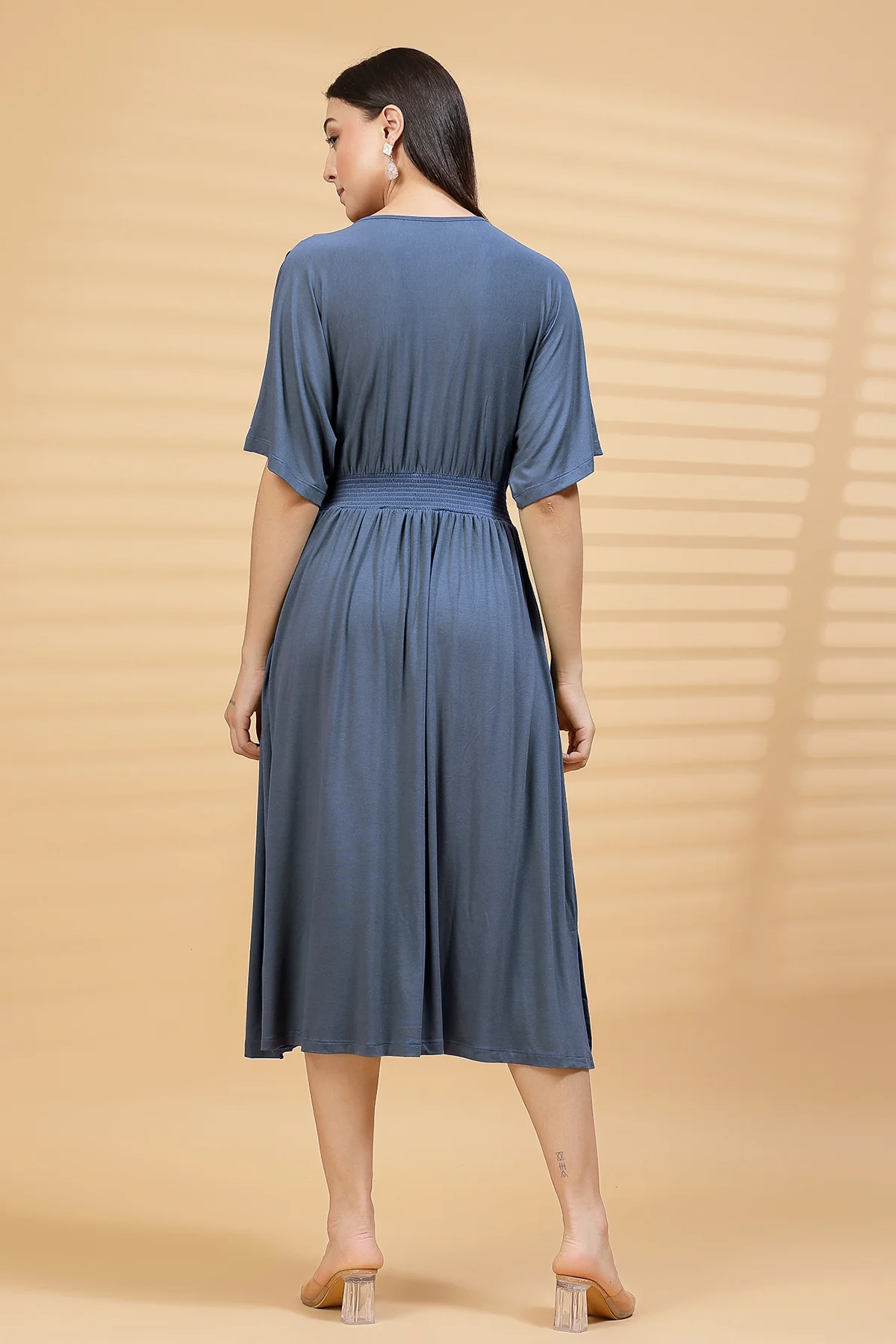 Denim Blue Solid Smocked Waist Zipless Feeding Dress - Image 3