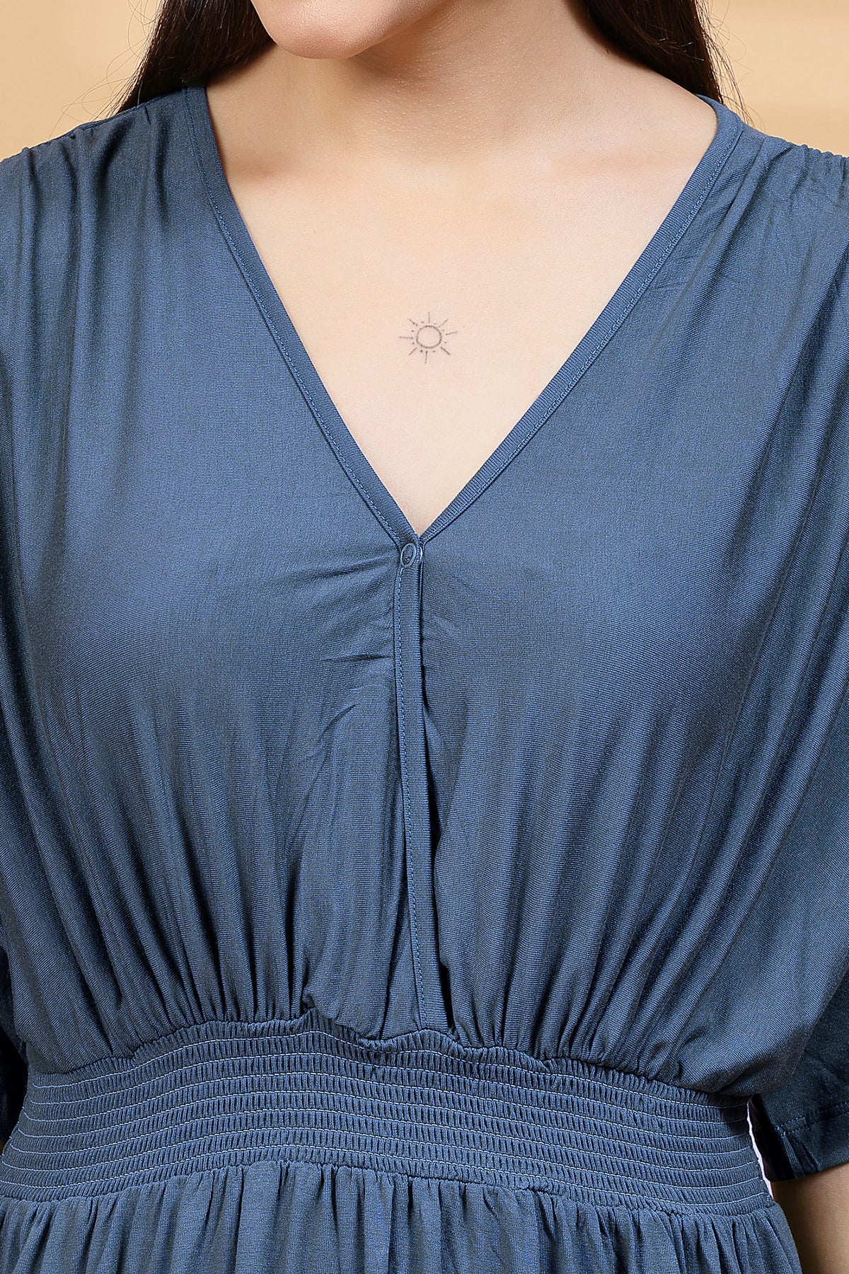 Denim Blue Solid Smocked Waist Zipless Feeding Dress - Image 6