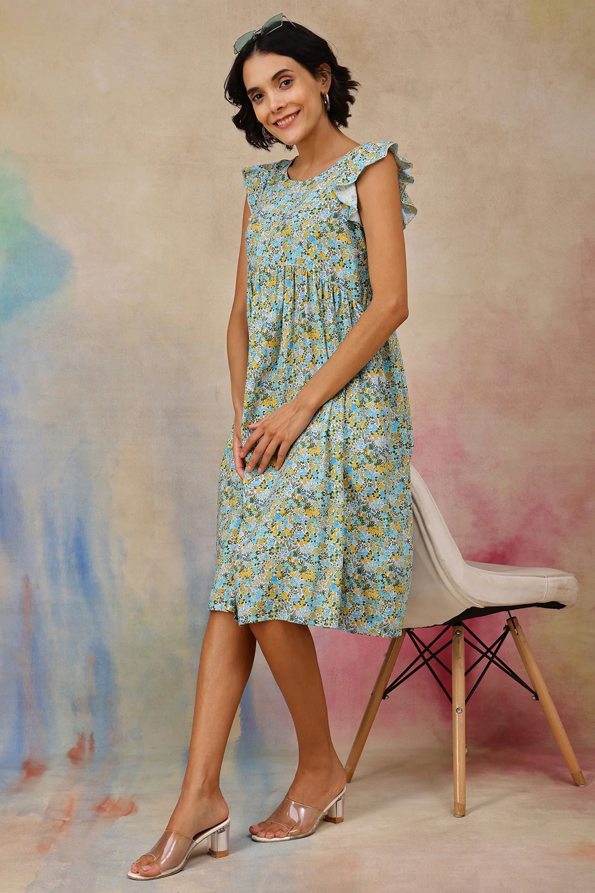Ditsy Blue Floral Bloom Zip Feeding Dress - Image 4