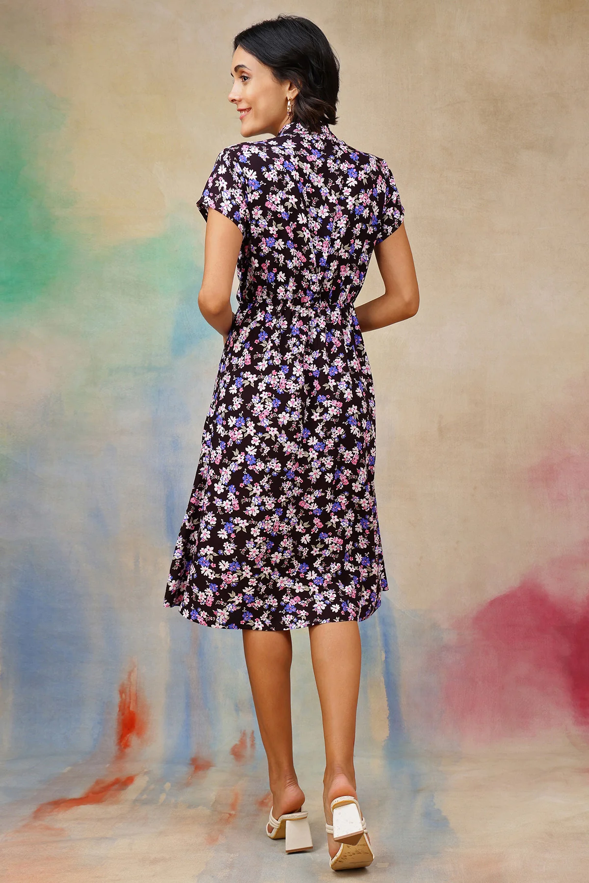 Ditsy Floral Print Maternity Nursing Dress - Black - Image 3