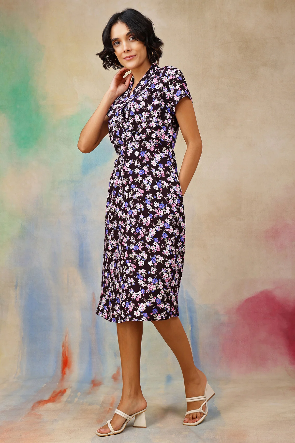 Ditsy Floral Print Maternity Nursing Dress - Black - Image 7
