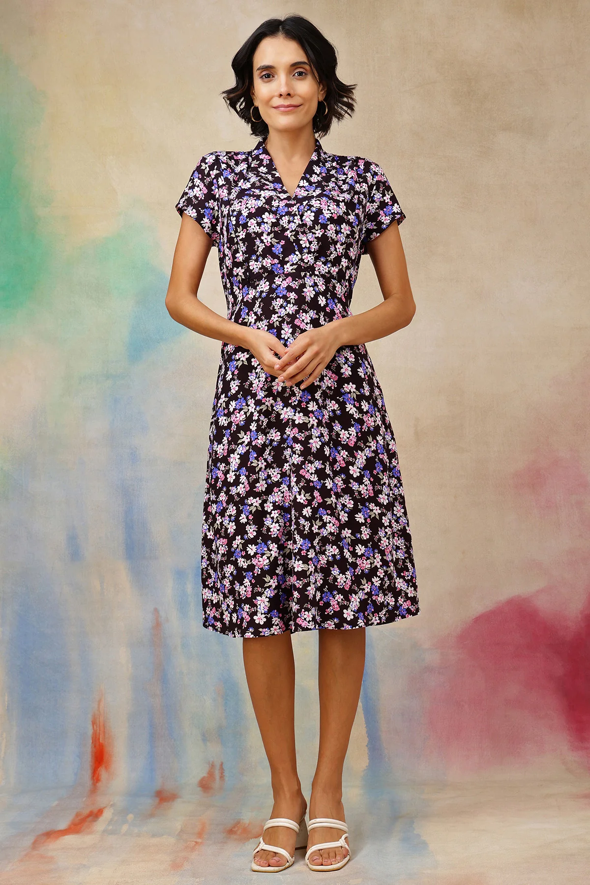Ditsy Floral Print Maternity Nursing Dress - Black - Image 8