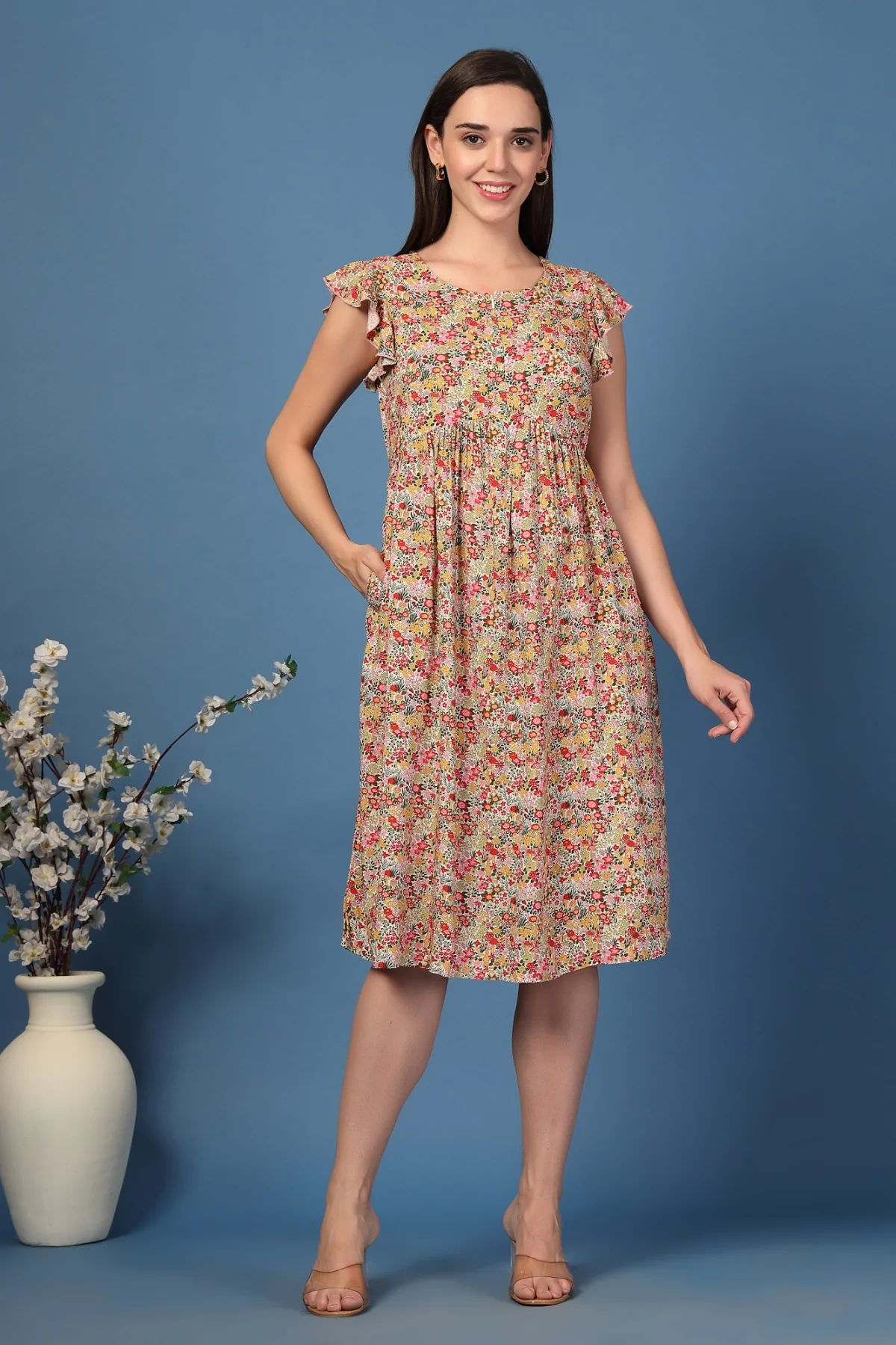 Ditsy Yellow Floral Bloom Zip Feeding Dress - Image 4