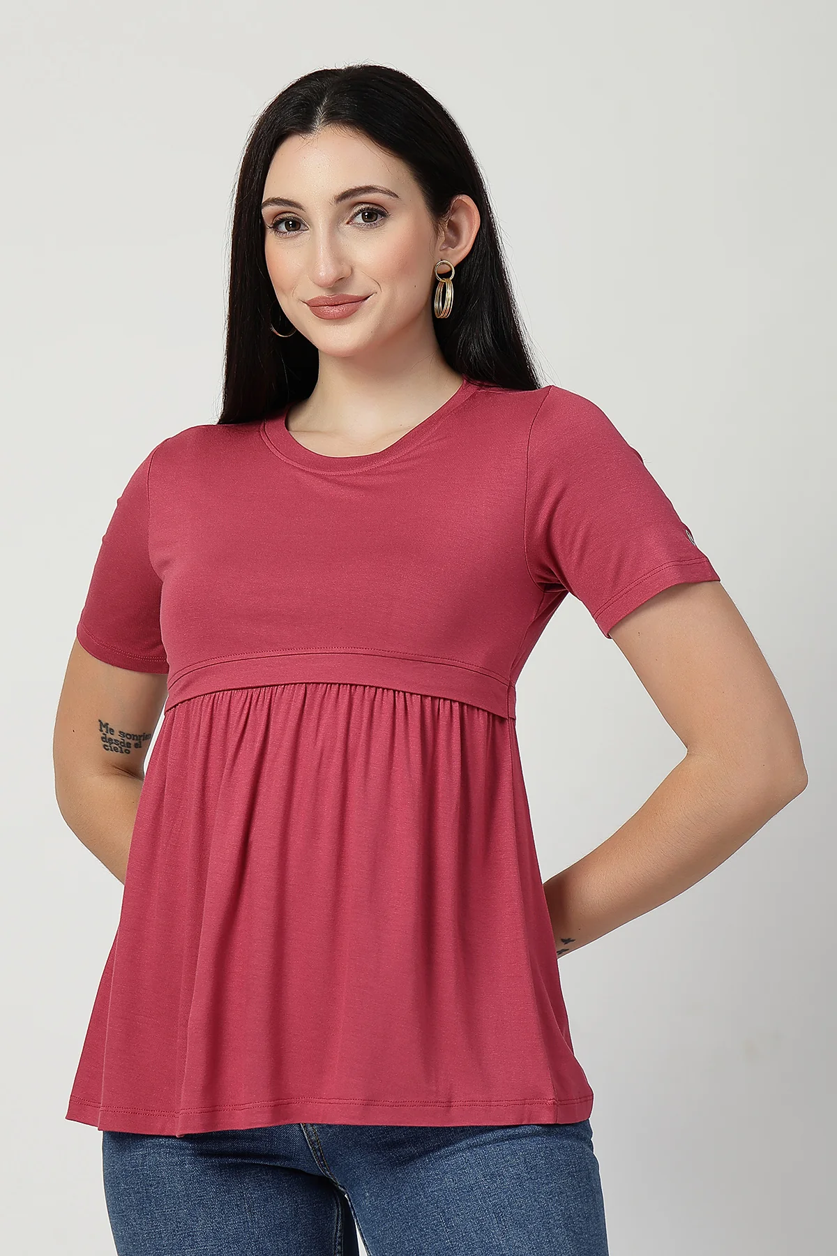Dusty Rose Maternity Zipless Feeding Gathered Top - Image 2