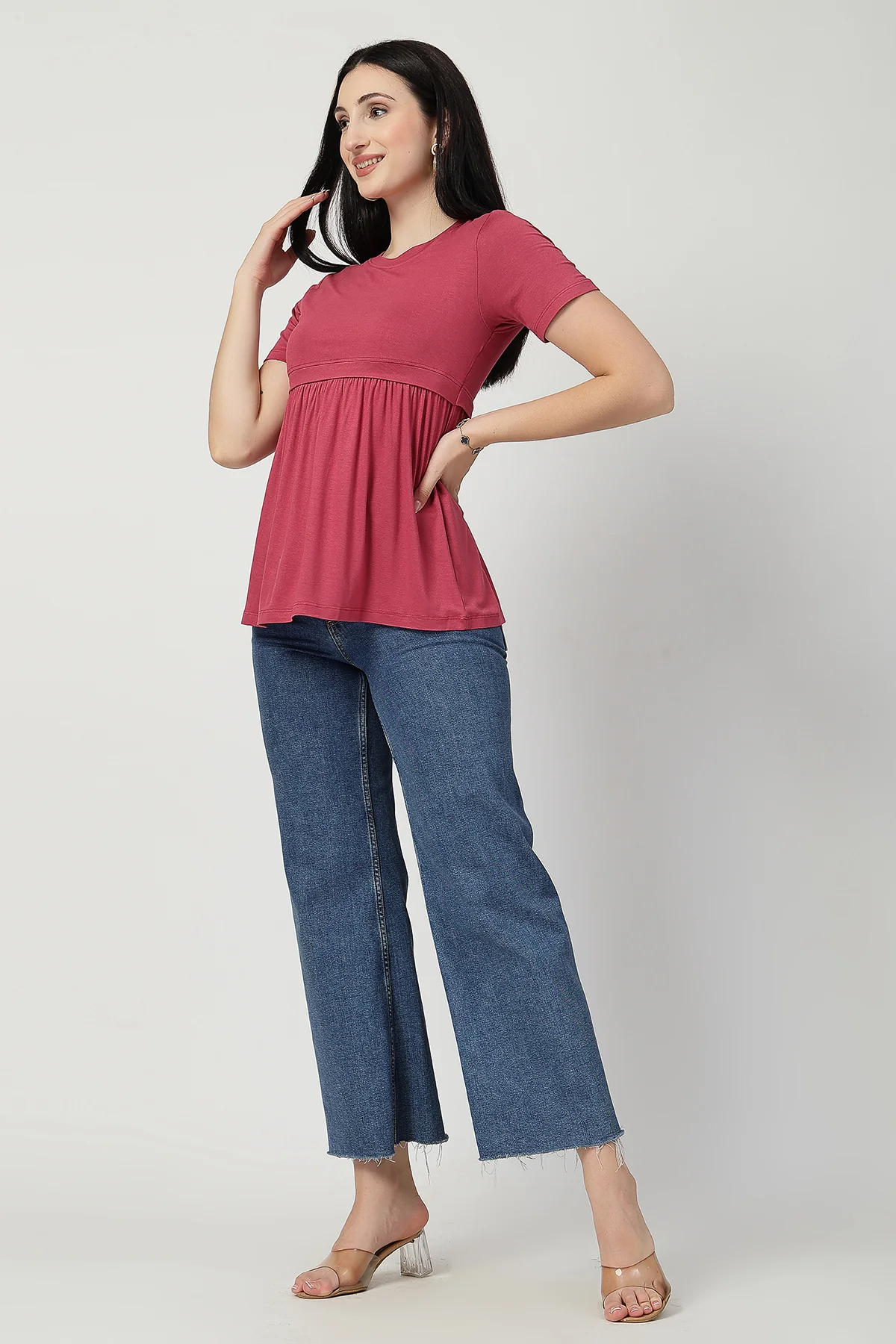 Dusty Rose Maternity Zipless Feeding Gathered Top - Image 4