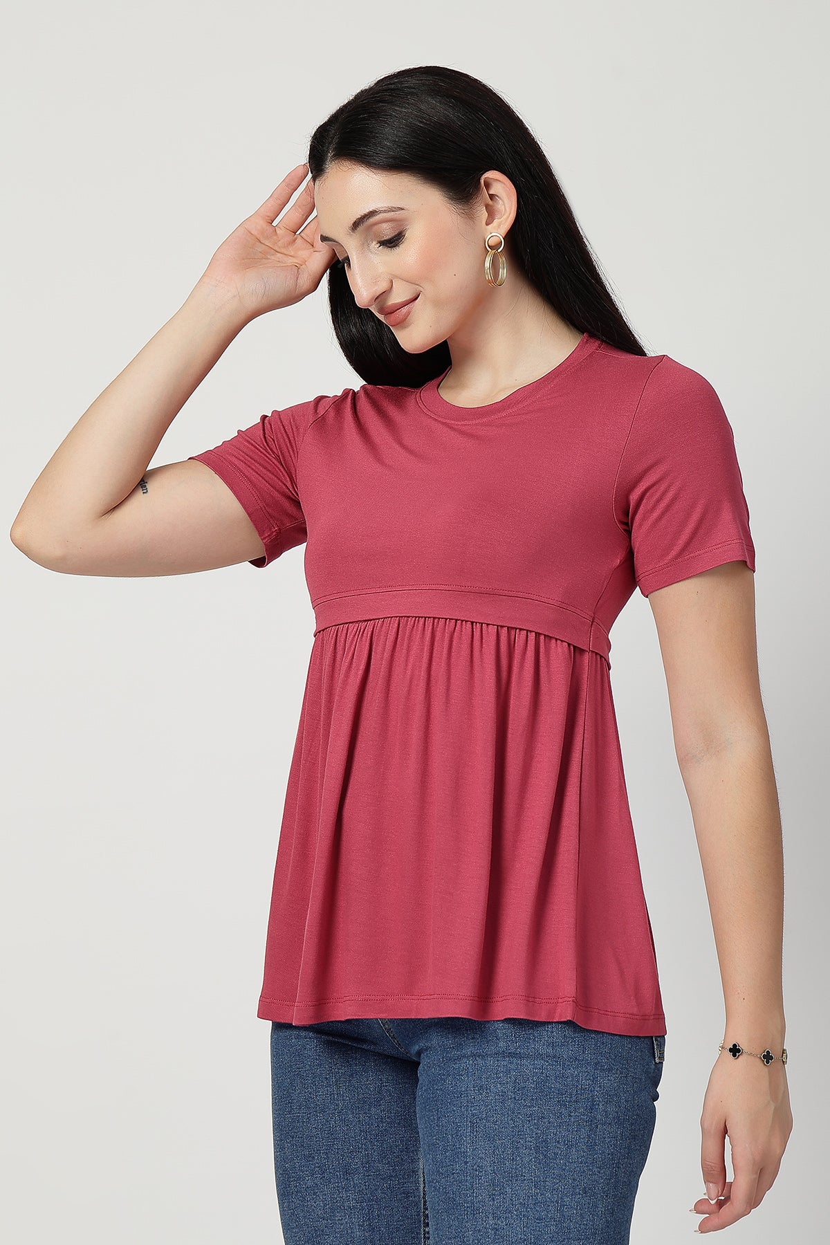 Dusty Rose Maternity Zipless Feeding Gathered Top - Image 5
