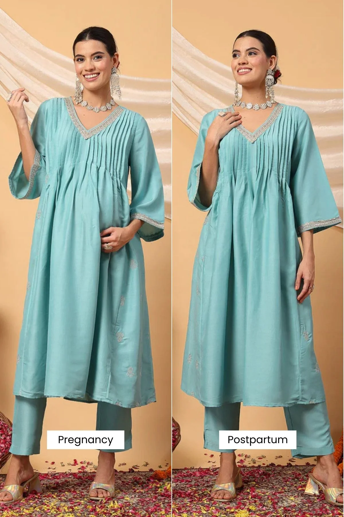 Elegant Turquoise Festive Glow Maternity Feeding Suit Set - Image 3