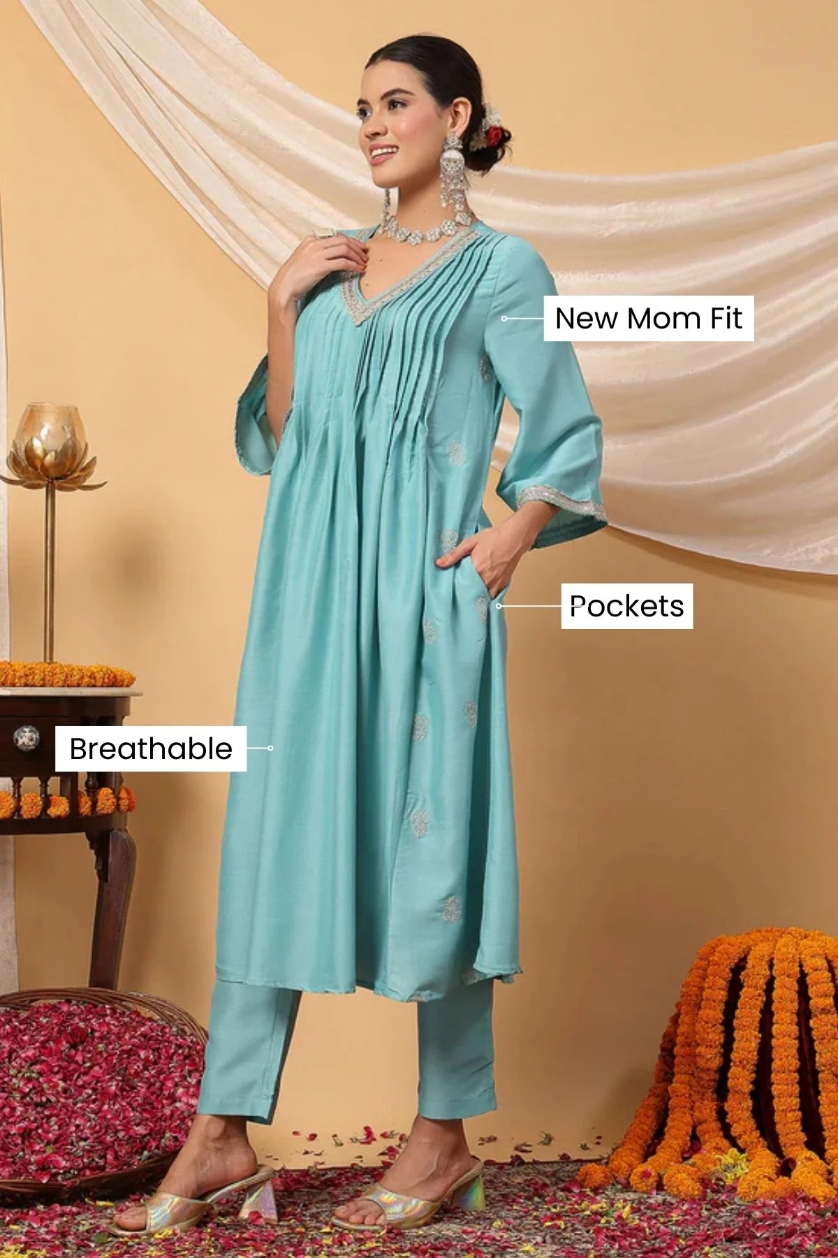 Elegant Turquoise Festive Glow Maternity Feeding Suit Set - Image 4