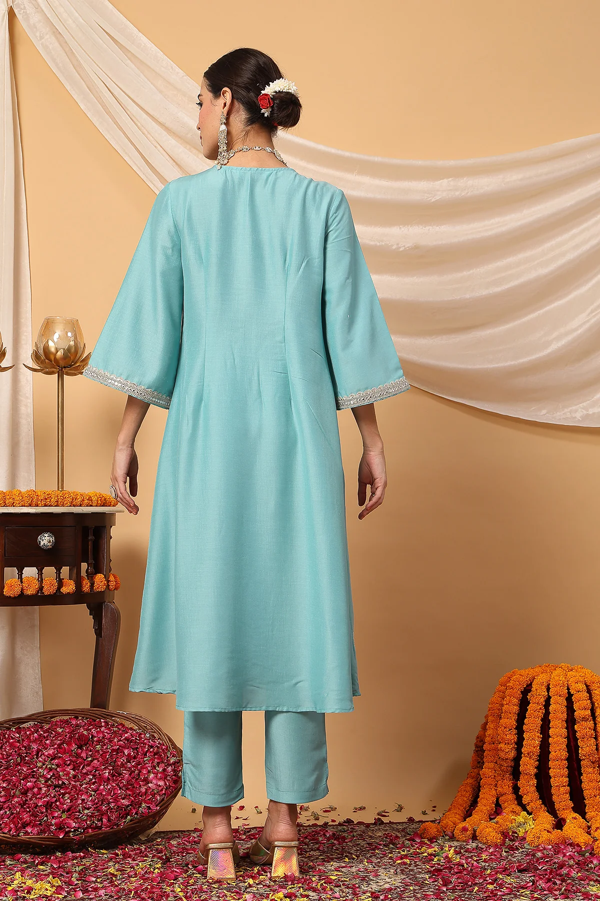 Elegant Turquoise Festive Glow Maternity Feeding Suit Set - Image 6