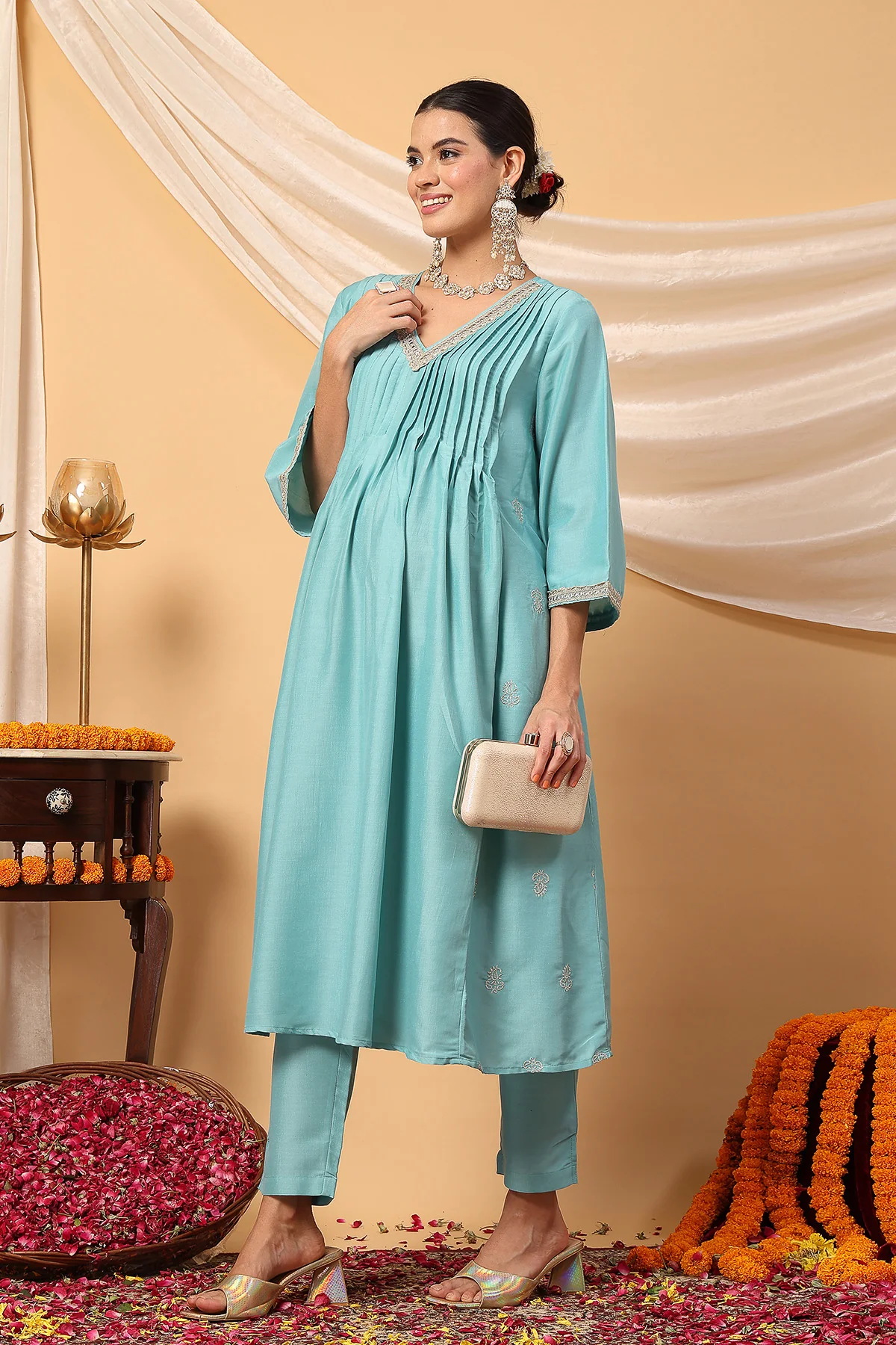 Elegant Turquoise Festive Glow Maternity Feeding Suit Set - Image 7
