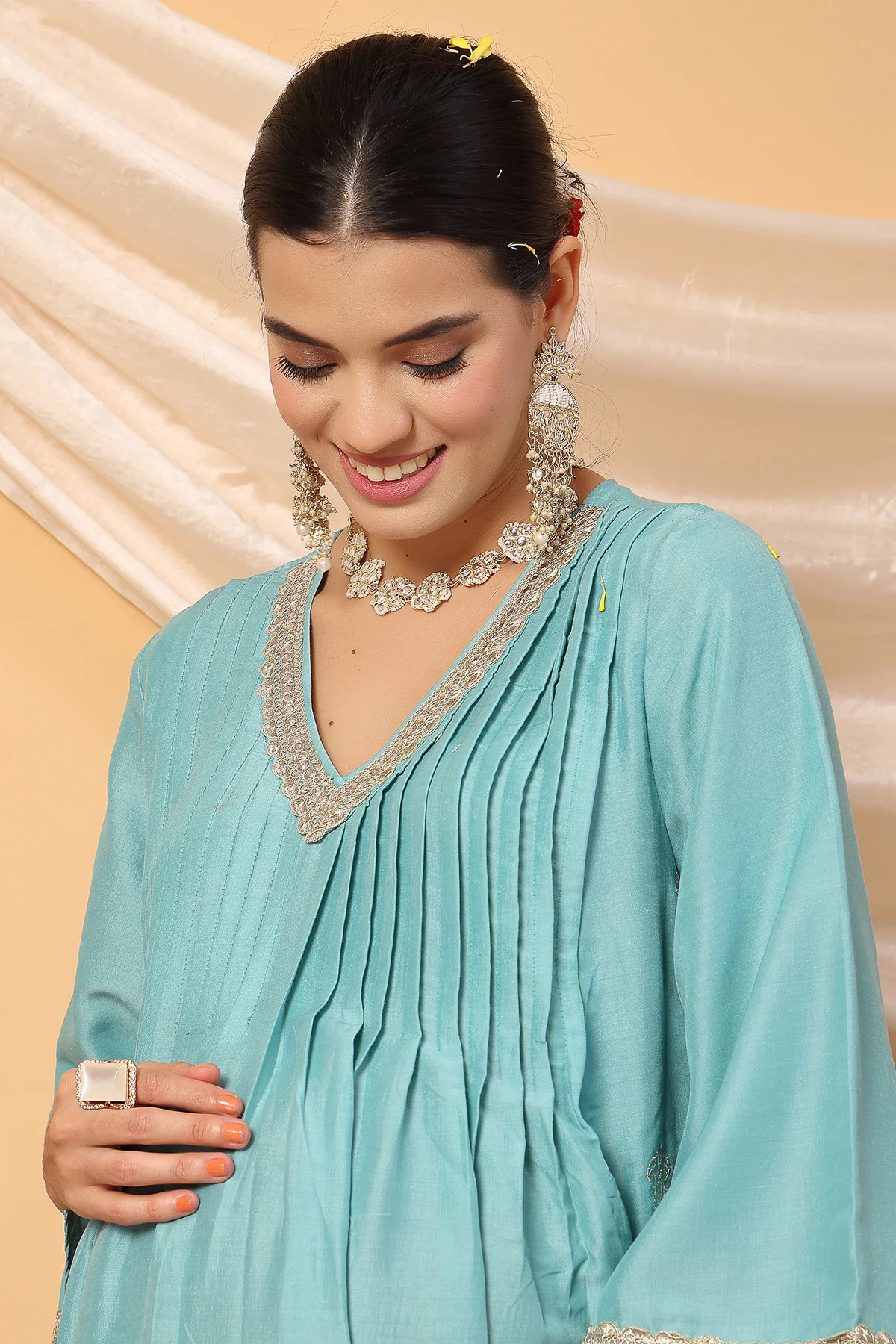 Elegant Turquoise Festive Glow Maternity Feeding Suit Set - Image 8