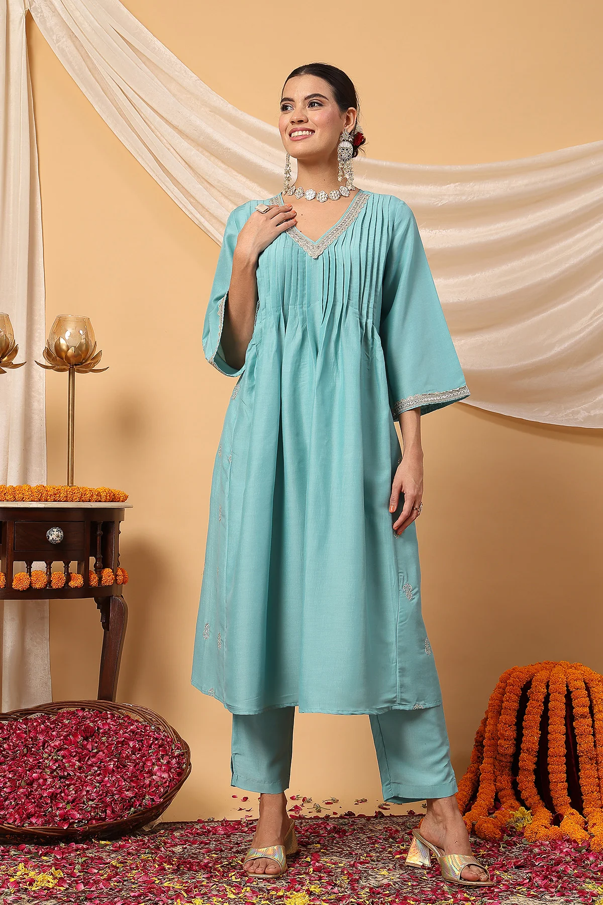Elegant Turquoise Festive Glow Maternity Feeding Suit Set - Image 9