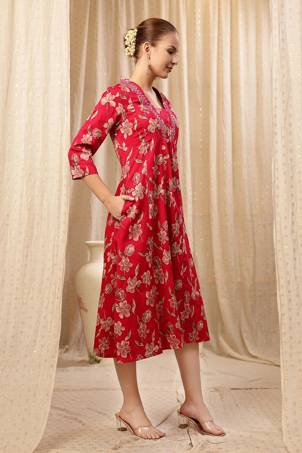Embroidered Floral Foil Print Maternity & Nursing Kurta Set - Red - Image 10