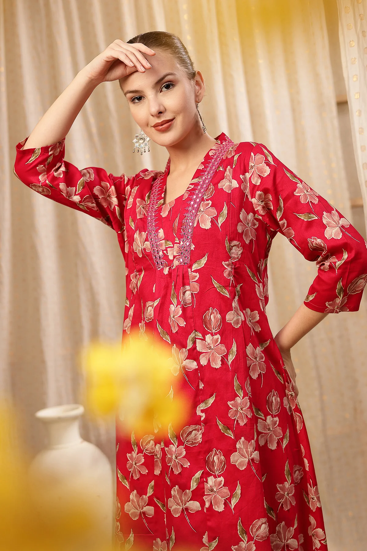 Embroidered Floral Foil Print Maternity & Nursing Kurta Set - Red - Image 12