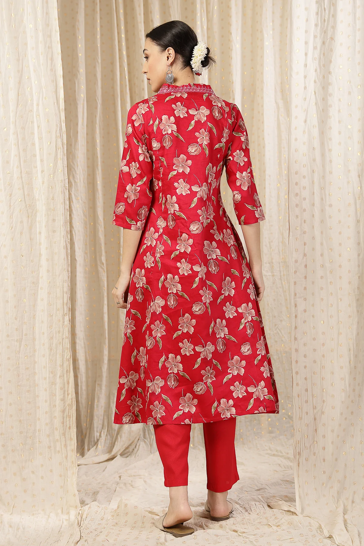 Embroidered Floral Foil Print Maternity & Nursing Kurta Set - Red - Image 3